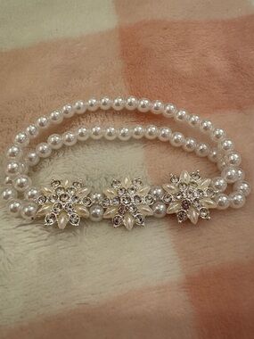 Faux Pearl & Crystal Triple Flower Bracelet